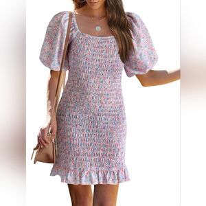 PINK LILY Pastel Floral Fitted Smocked Midi Dress